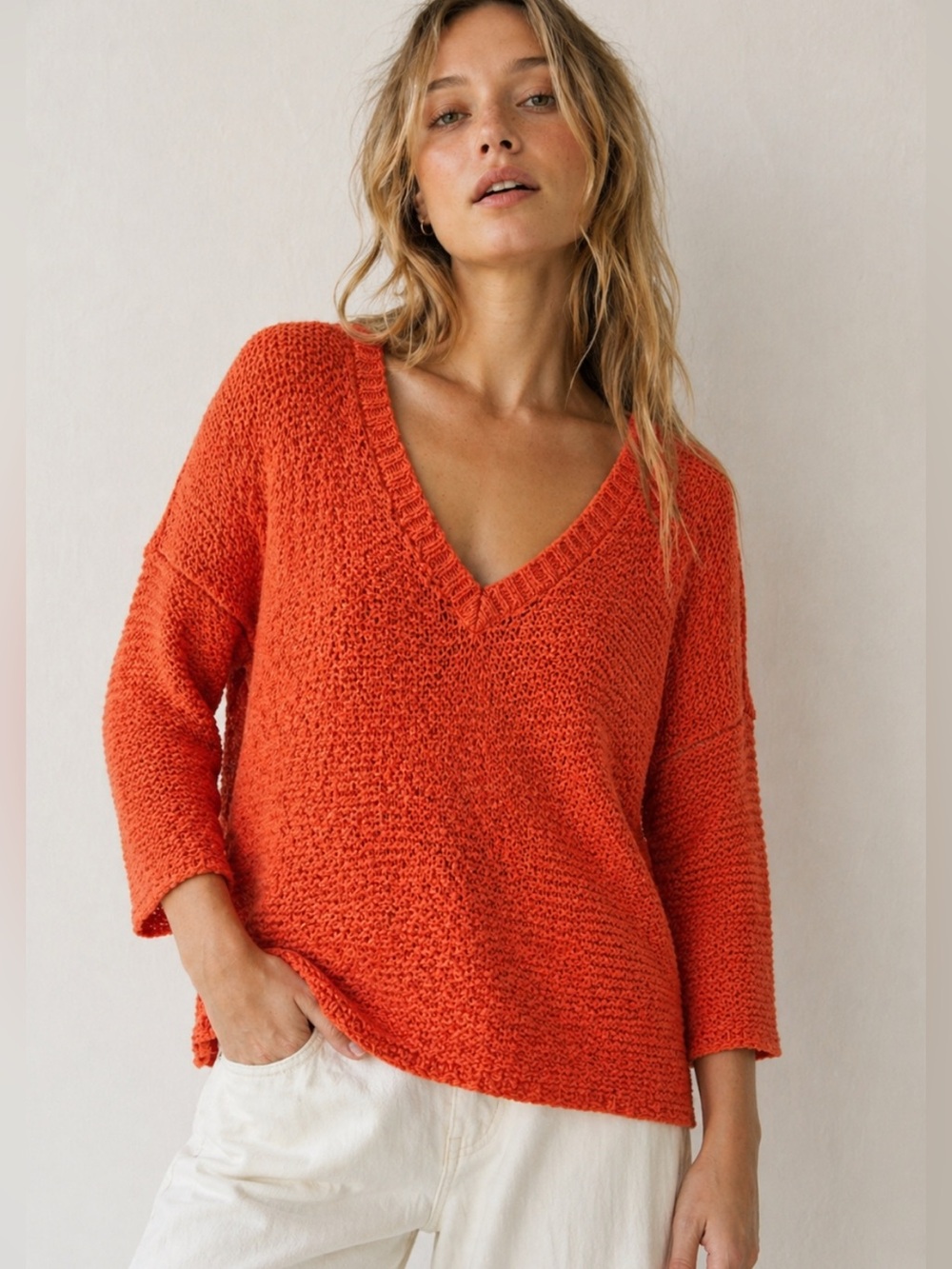 FREE PEOPLE Oversized Cotton V-Neck Sweater